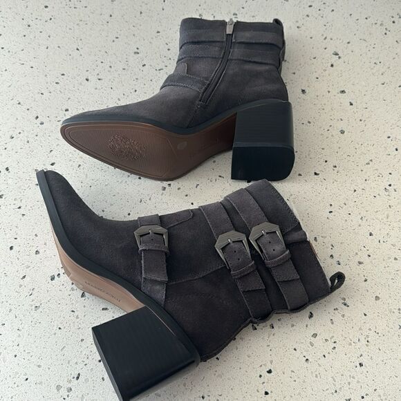 Vince Camuto Kempreea Gray Suede Buckles Mid-Shaft Boots Block Heel Zip 7 Wide - Picture 9 of 13